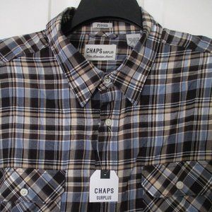 Chaps Mens L/S Brown Blue Cotton Plaid Casual Shirt NWT - Size 18/35-36 or XL